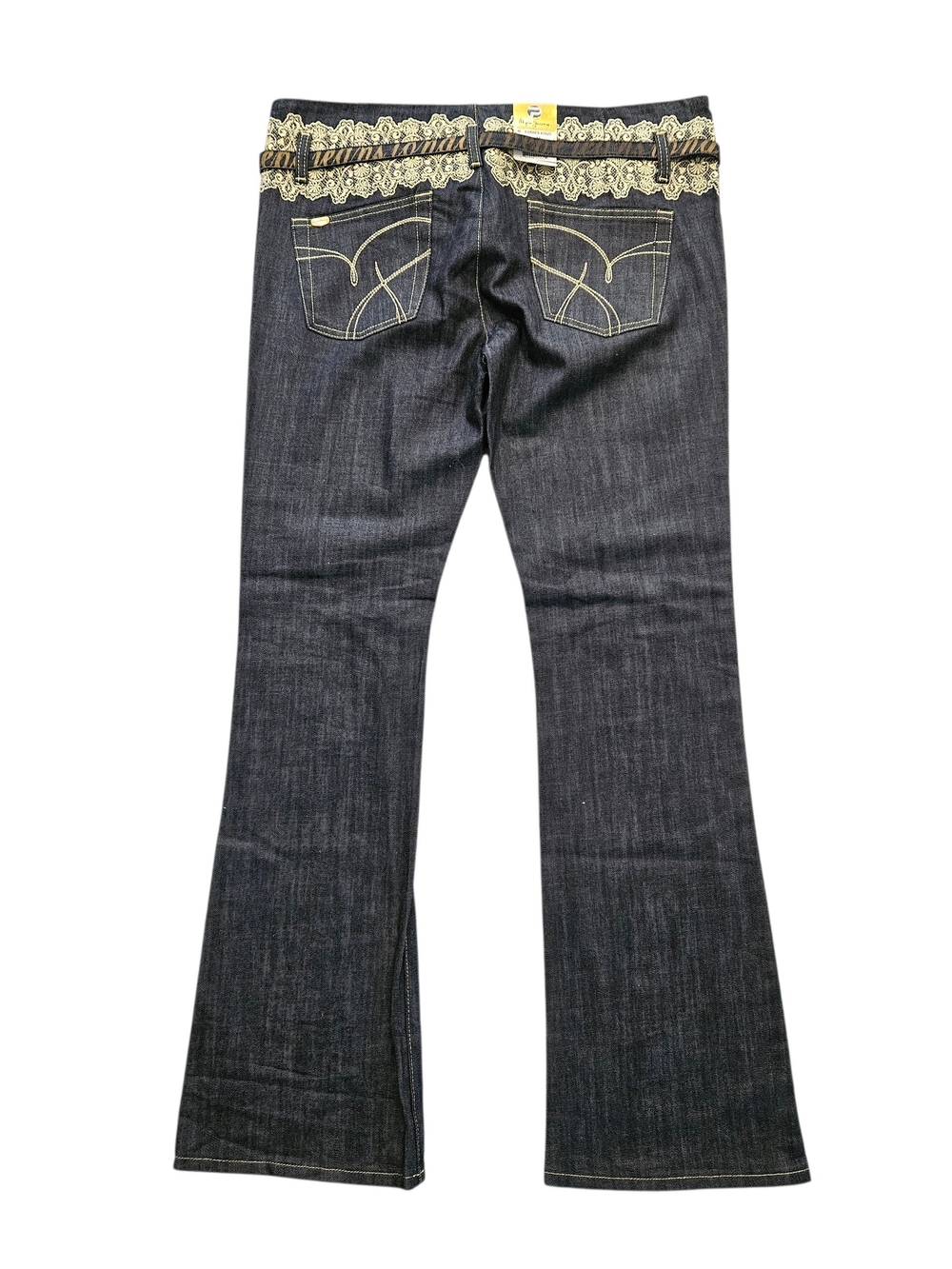 NEW VINTAGE Pepe Jeans Lordes Y2K Dark Wash Gold Embroidered Waist Belt Jeans 34